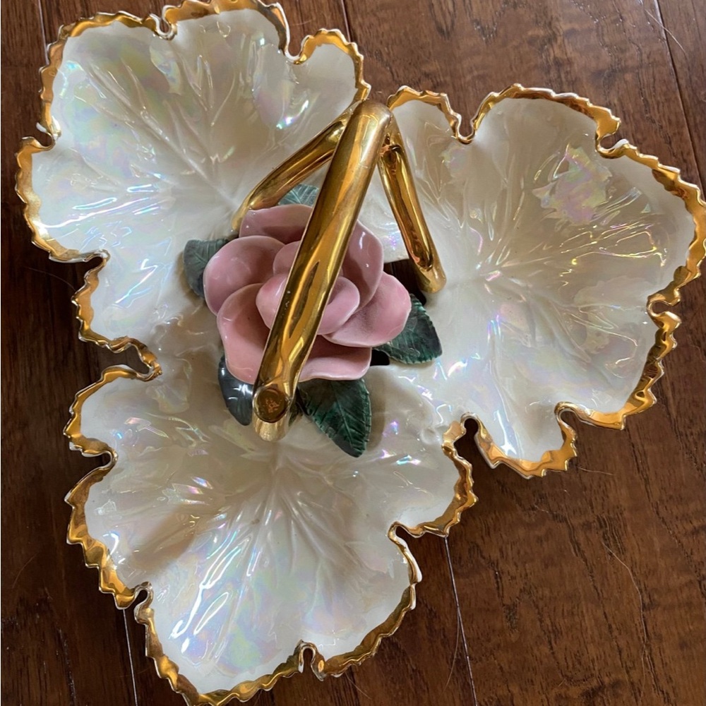 Gold and Cream Leaf-Shaped Dish with Pink Rose